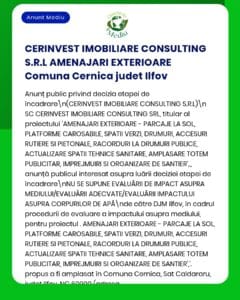 Proiect de amenajare exterioară, parcare, spații verzi, acces rutier și organizarea șantierului în Cernica, Ilfov, pentru CERINVEST IMOBILIARE CONSULTING S.R.L.