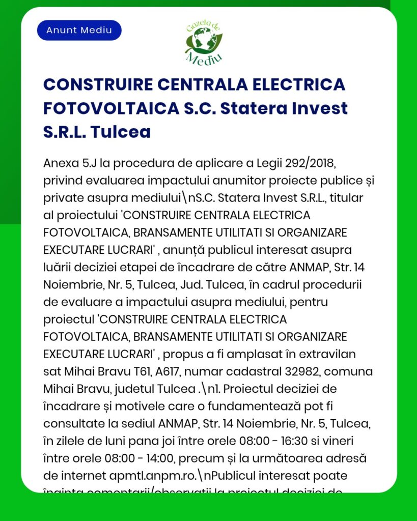 Centrala fotovoltaică a S.C. Statera Invest S.R.L. din Tulcea.