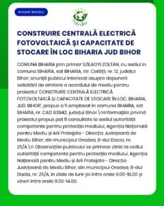 Construcția unei centrale electrice fotovoltaice și a unei unități de stocare în Biharia, județul Bihor.