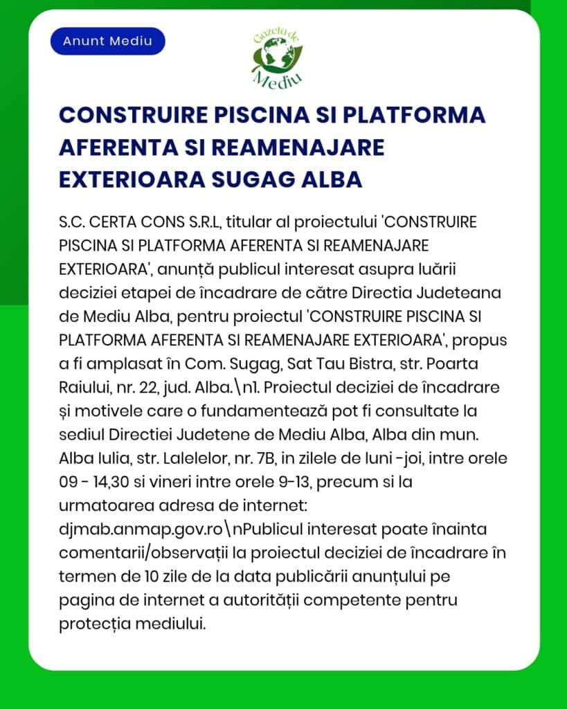Construcția unei piscine, a unei platforme și lucrări de renovare exterioară în Șugag, județul Alba, executant: S.C. Certa Cons S.R.L.