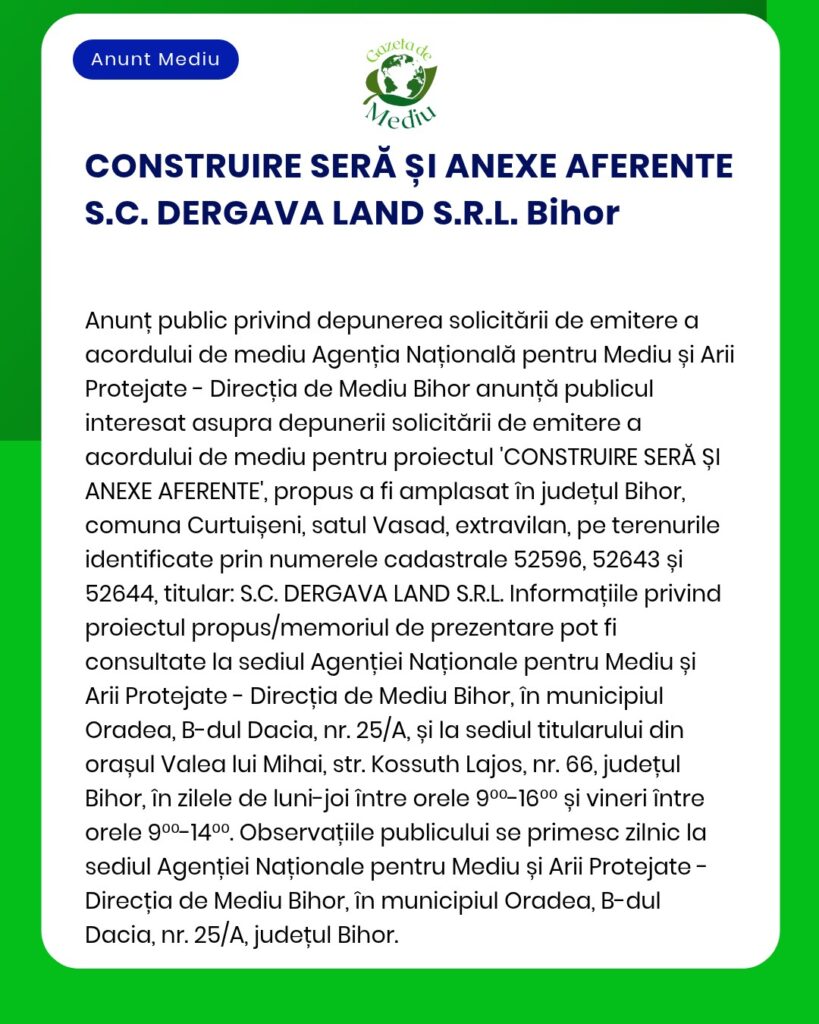 Construcția de sere și anexe, S.C. DERGAVA LAND S.R.L., Bihor.