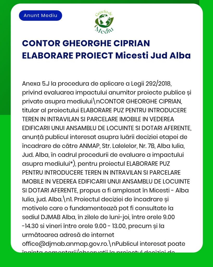 Anunț oficial privind proiectul de construire a unor locuințe în Micesti, județul Alba, inițiat de Gheorghe Ciprian, referitor la evaluarea impactului asupra mediului.