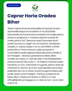 Acord de mediu pentru planul de dezvoltare rezidențială „Caprar Horia”, Oradea, județul Bihor.