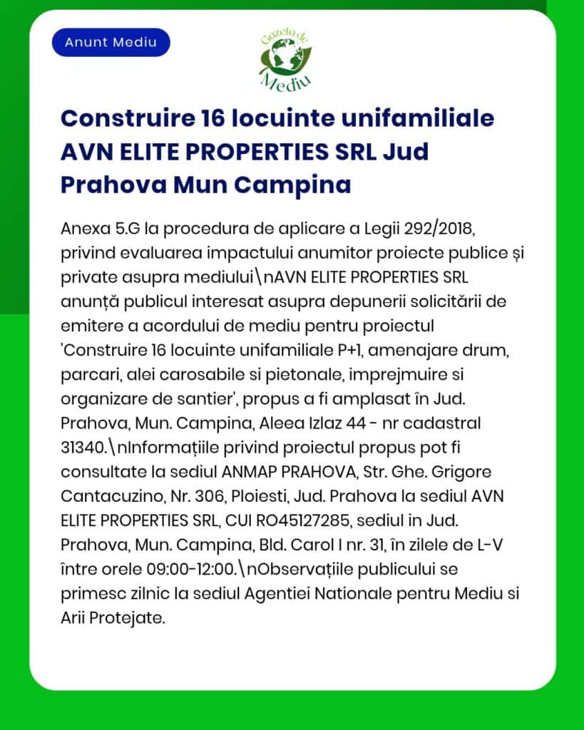 Construirea a 16 locuințe unifamiliale de către AVN ELITE PROPERTIES SRL în Câmpina, județul Prahova.