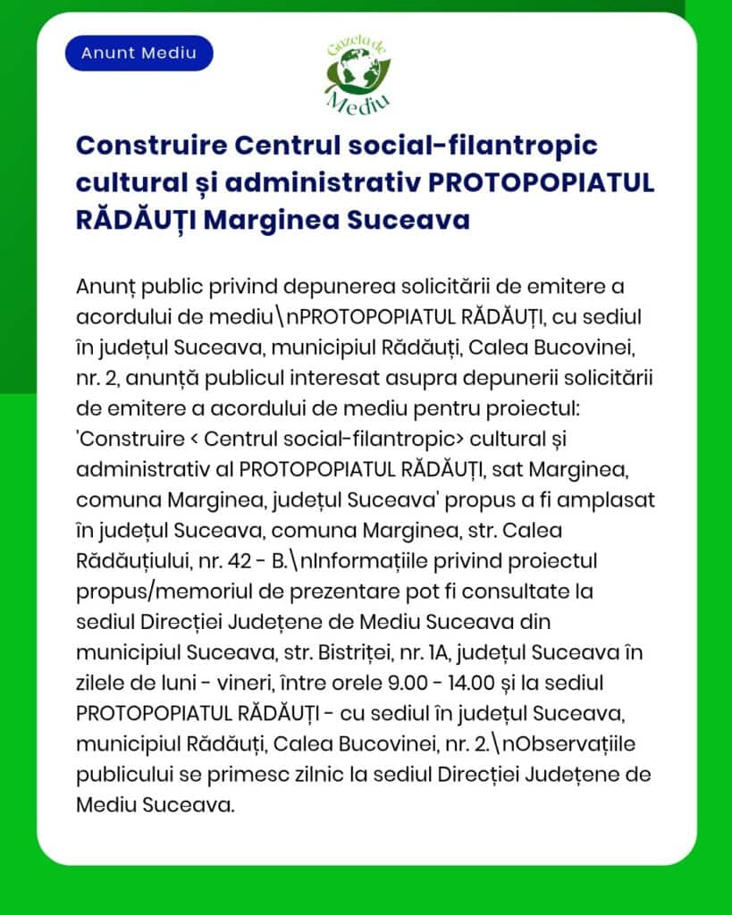 Construcția unui centru social-filantropic, cultural și administrativ al Protopopiatului Rădăuți, Marginea, Suceava.