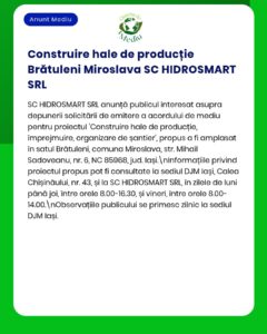Construcția unor hale de producție în Brățuleni de către SC HIDROSMART SRL.