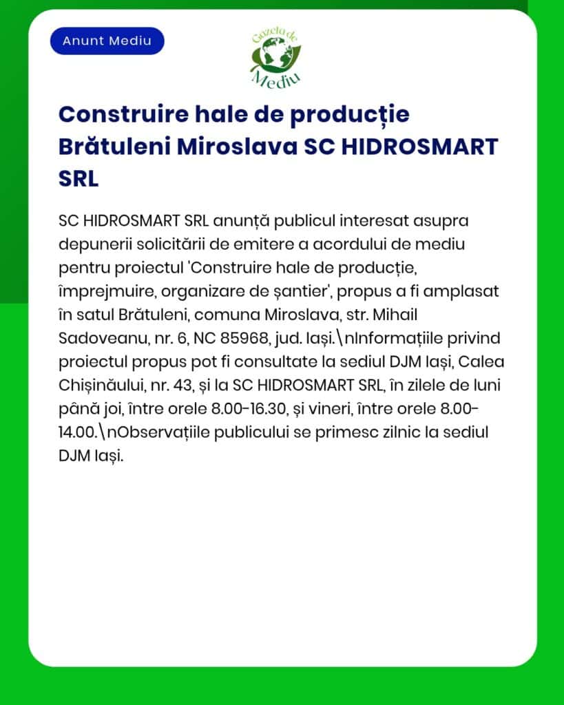 Construcția unor hale de producție în Brățuleni de către SC HIDROSMART SRL.