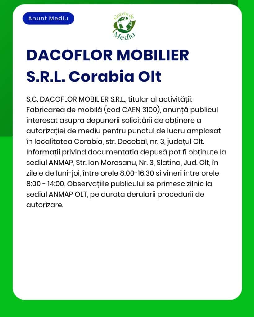 Anunț privind solicitarea autorizației de mediu pentru fabricarea mobilierului, titular DACOFLOR MOBILIER S.R.L., Corabia, județul Olt.