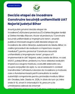 Anunț de mediu privind construirea unei locuințe unifamiliale în Nojorid, județul Bihor, de către Țârlea Bogdan Ioniță și Țârlea Horațiu Răzvan.