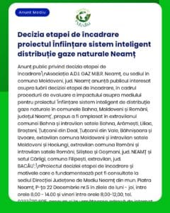 Informare privind etapa de evaluare a impactului asupra mediului pentru proiectul de distribuție inteligentă a gazelor naturale din județul Neamț, cu menționarea localităților afectate și detalii despre proiect.