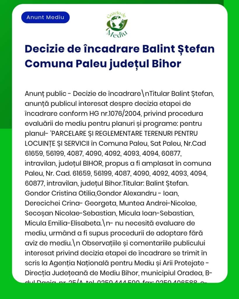 Decizie de etapă de încadrare pentru Balint Ștefan în comuna Paleu, județul Bihor, privind un plan de dezvoltare pentru zone rezidențiale și servicii.