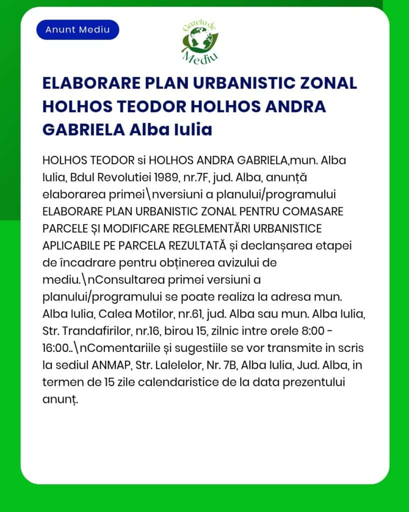 Planul urbanistic zonal pentru Holhos Teodor și Holhos Andra Gabriela, Alba Iulia.