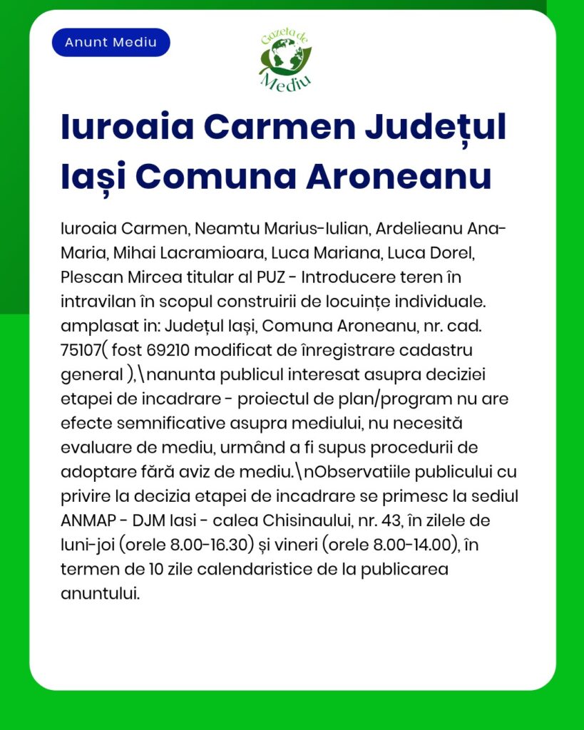Proiect de dezvoltare imobiliară în Aroneanu, Iași, inițiat de Iuroaia Carmen și alții.