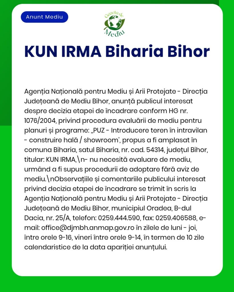 Anunț privind evaluarea destinației terenului din Biharia, județul Bihor, în vederea propunerii amenajării unei săli/showroom-uri „IRMA”.