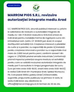 Revizuirea autorizației integrate de mediu pentru ferma de îngrășare a porcilor Marrom Pigs S.R.L. din Arad.