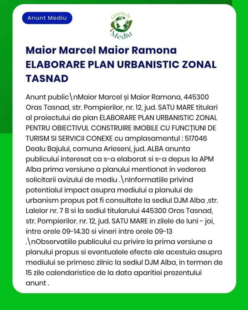 Planul de amenajare urbanistică pentru turism și servicii elaborat de maiorul Marcel și maiorul Ramona în Tasnad.