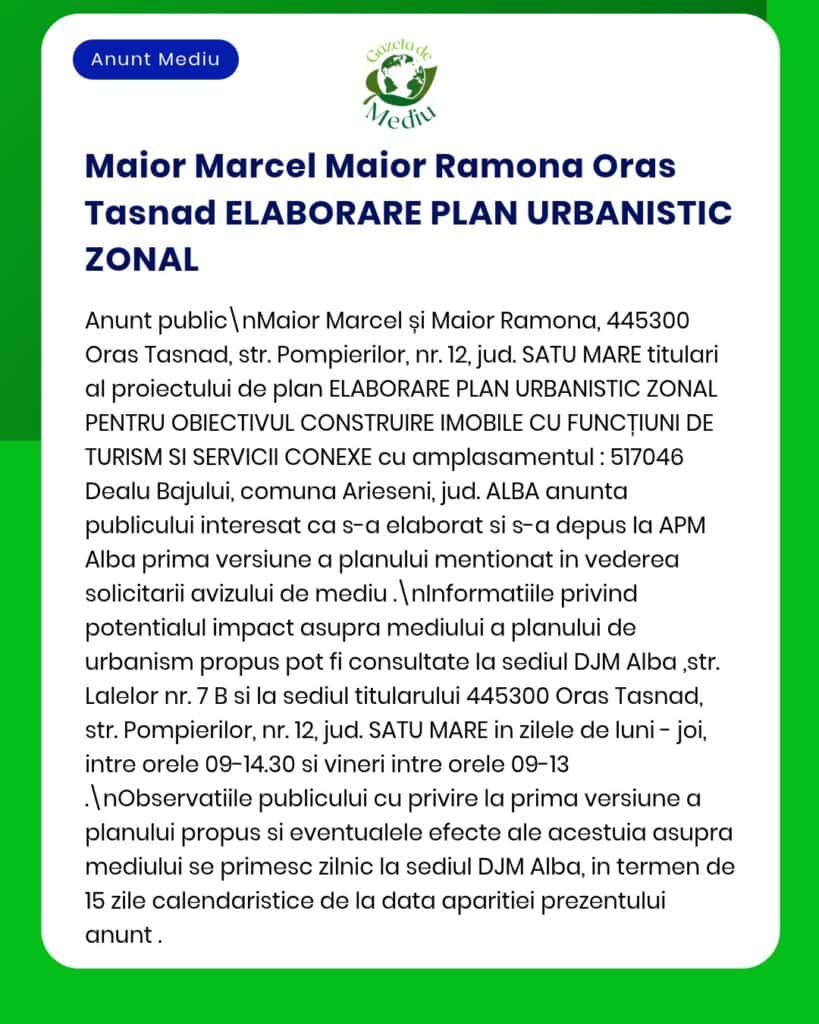 Plan urbanistic zonal pentru construirea de clădiri cu destinație turistică și de servicii în Dealu Bajului, orașul Tasnad, titulari: Maior Marcel și Maior Ramona.