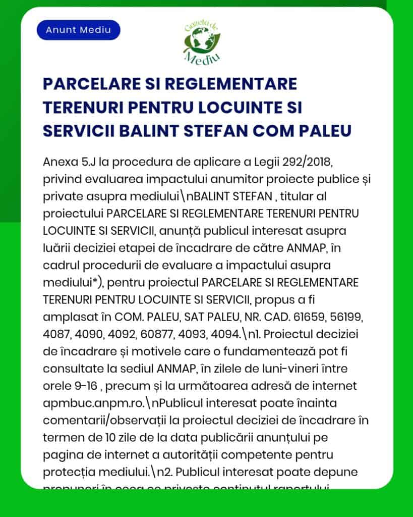 Proiect de parcelare și amenajare a terenului lui Balint Stefan din Paleu.
