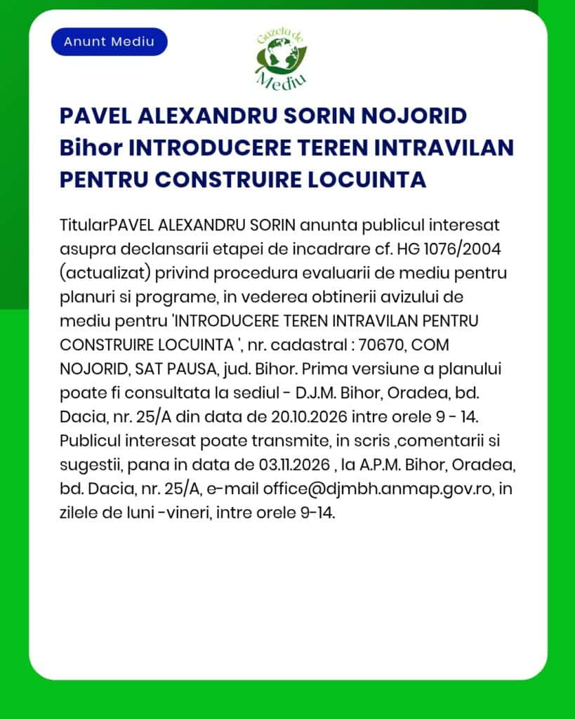 Anunț public al lui Pavel Alexandru Sorin: includerea unui teren în zona urbană în vederea construirii de locuințe în Nojorid, județul Bihor.