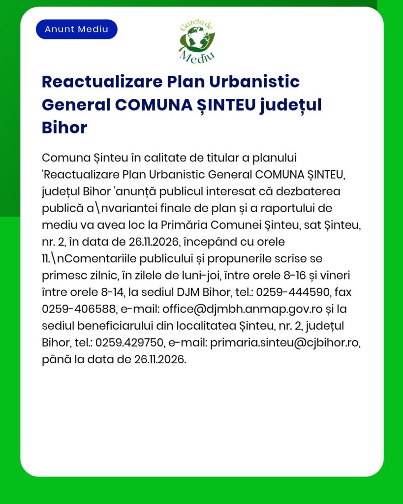 Actualizarea Planului Urbanistic General al comunei Șinteu, județul Bihor.