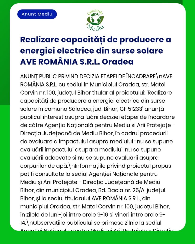 Proiect de producție de energie solară al AVE ROMÂNIA S.R.L. în Sălacea, județul Bihor.