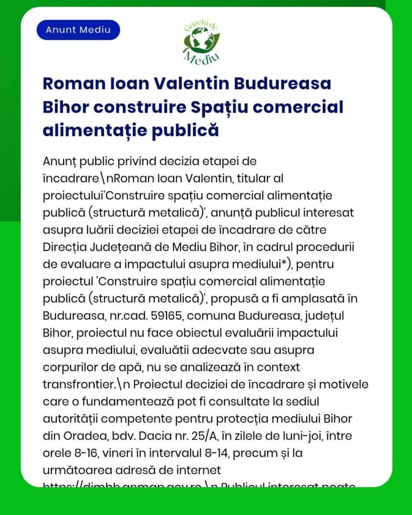 Construcția unui spațiu comercial destinat alimentației, Roman Ioan Valentin, Budureasa, Bihor.