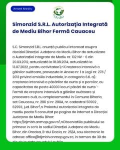 Autorizație integrată de mediu pentru o fermă avicolă, titular Simonzid S.R.L., Cauaceu, județul Bihor.