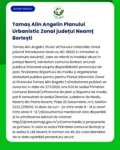 Dezbatere publică privind Planul urbanistic zonal pentru Borlești, județul Neamț, cu detalii despre ora, locația și obiectivul legat de locuințe și aspecte de mediu.